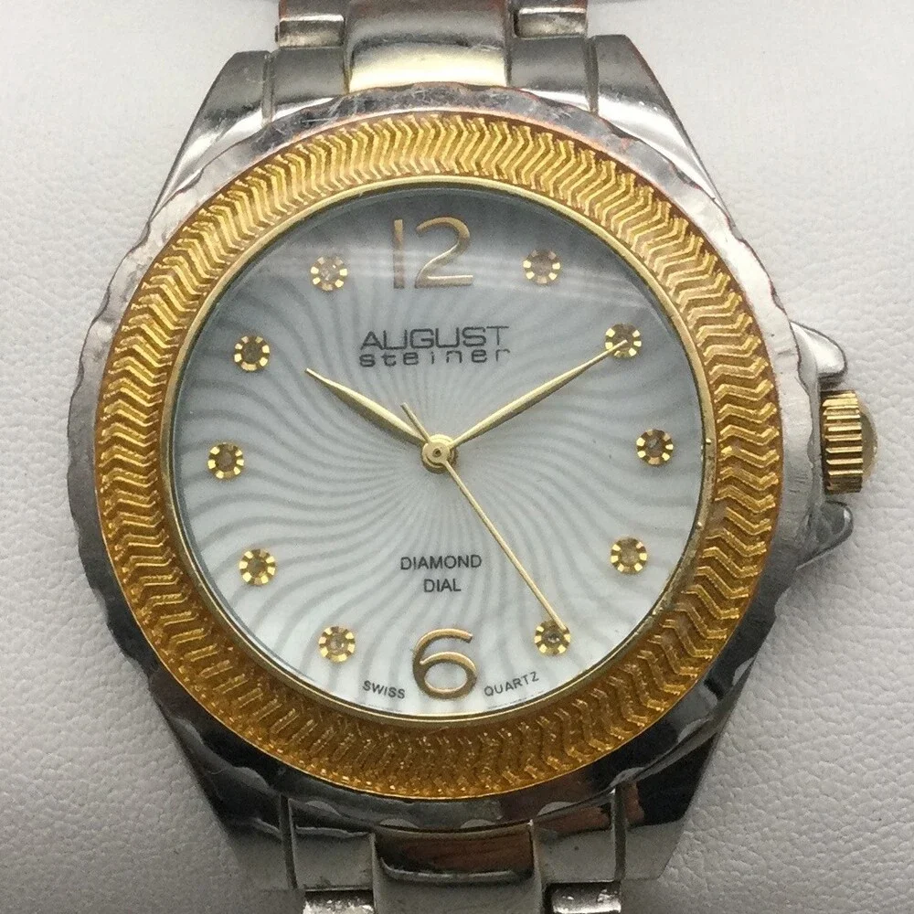 August Steiner Mens Watch 39mm White Diamond Dial Two Tone New Battery 6.5